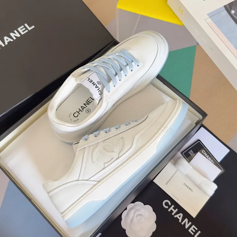 View 6 of Premium White Chanel-Style Leather Sneakers with Light Blue Laces