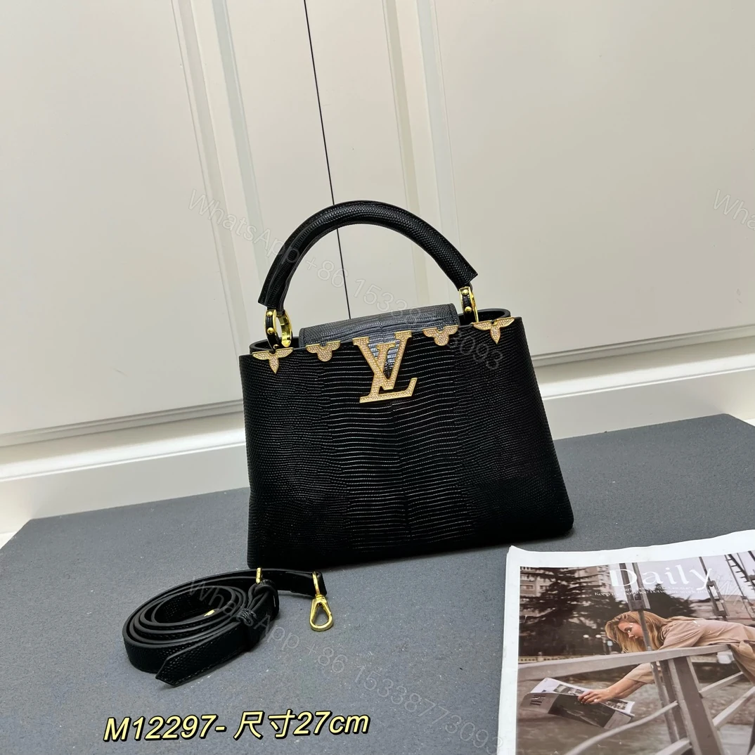 LV 高仿 M12297 黑色壓紋手提包 金扣細節27cm商務百搭款 — view 1