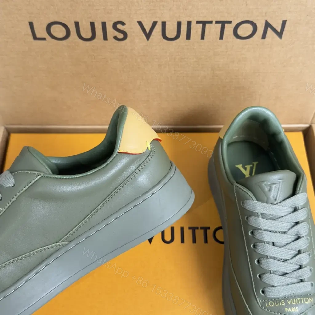 View 3 of Green Leather Sneaker, Platform Sole, Louis Vuitton Style, Monogram Accents, Casual Shoes