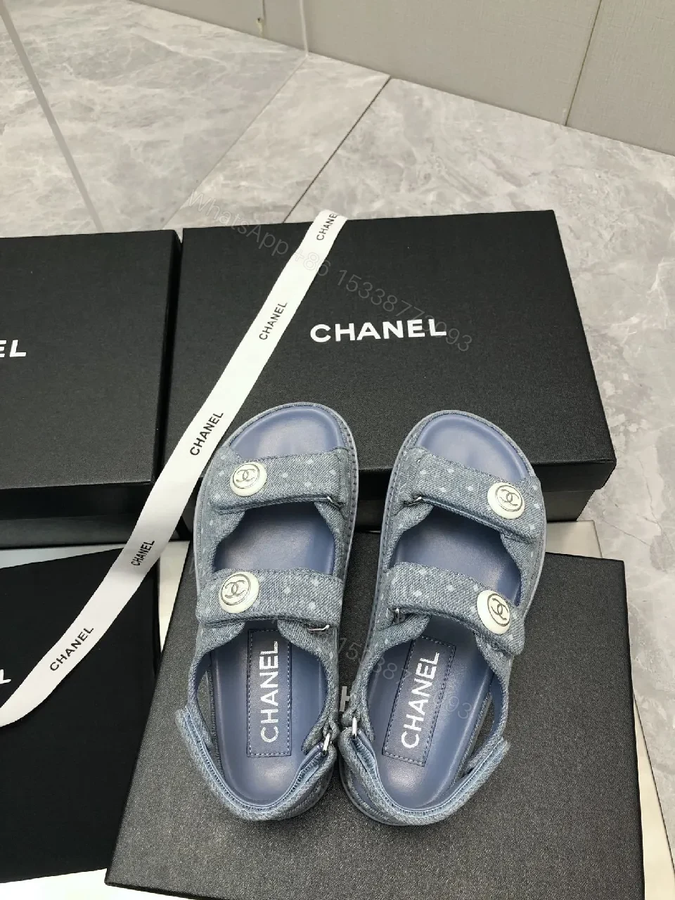View 3 of Denim-Texture Sandals: Luxe Chanel-Inspired Everyday Comfort