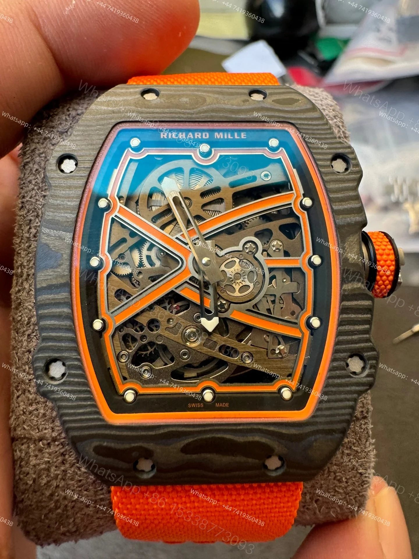 View 6 of Super Clone Richard Mille RM67-02 Carbon TPT Skeleton Tourbillon 1:1 Replica Watch with Orange Strap