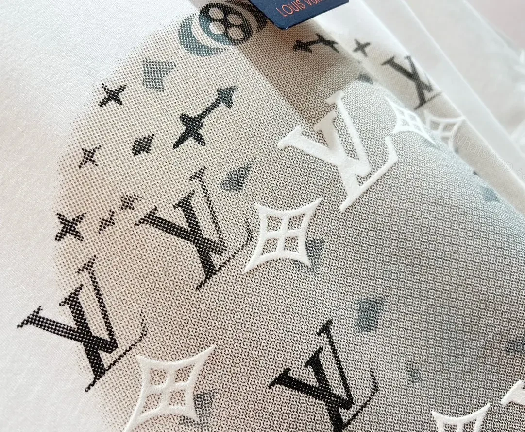 View 8 of White Cotton T-Shirt Circular LV Logo Graphic Diamonds Stars, Modern Style, Crew Neck, Short Sleeve, Black Neck Tag