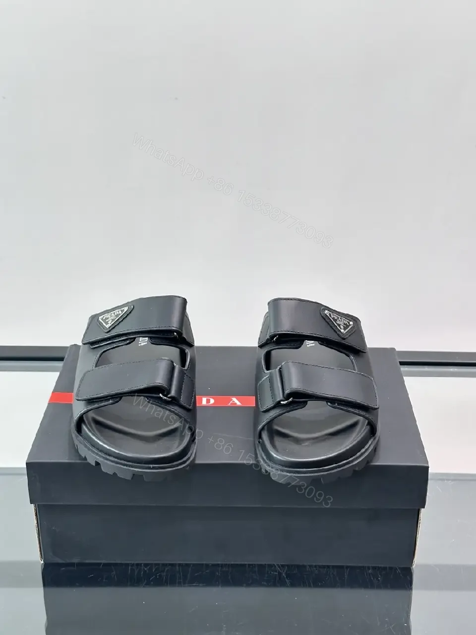 View 8 of Black Leather Sandals, Velcro Straps, Prada-Style Vintage Design Slippers