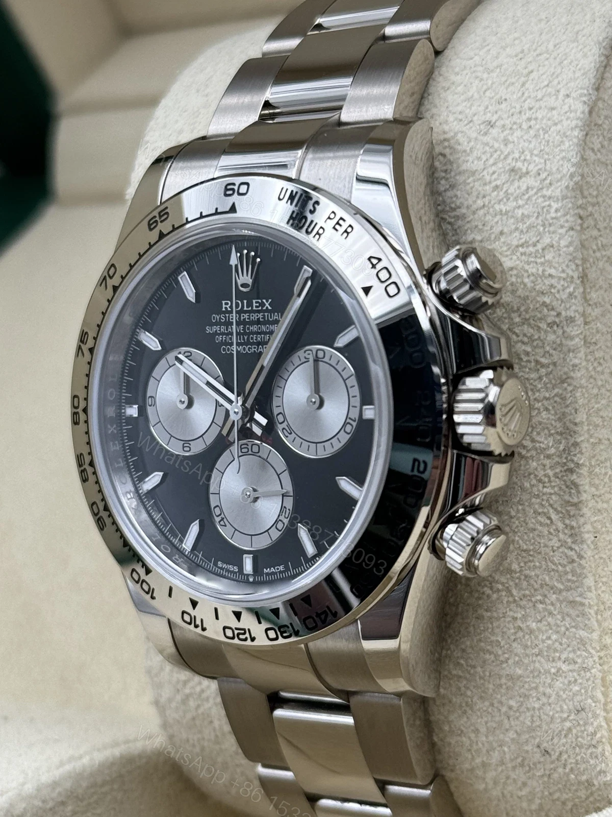 View 2 of Replica Rolex Cosmograph Daytona White Gold Black Dial Silver Subdials 40mm