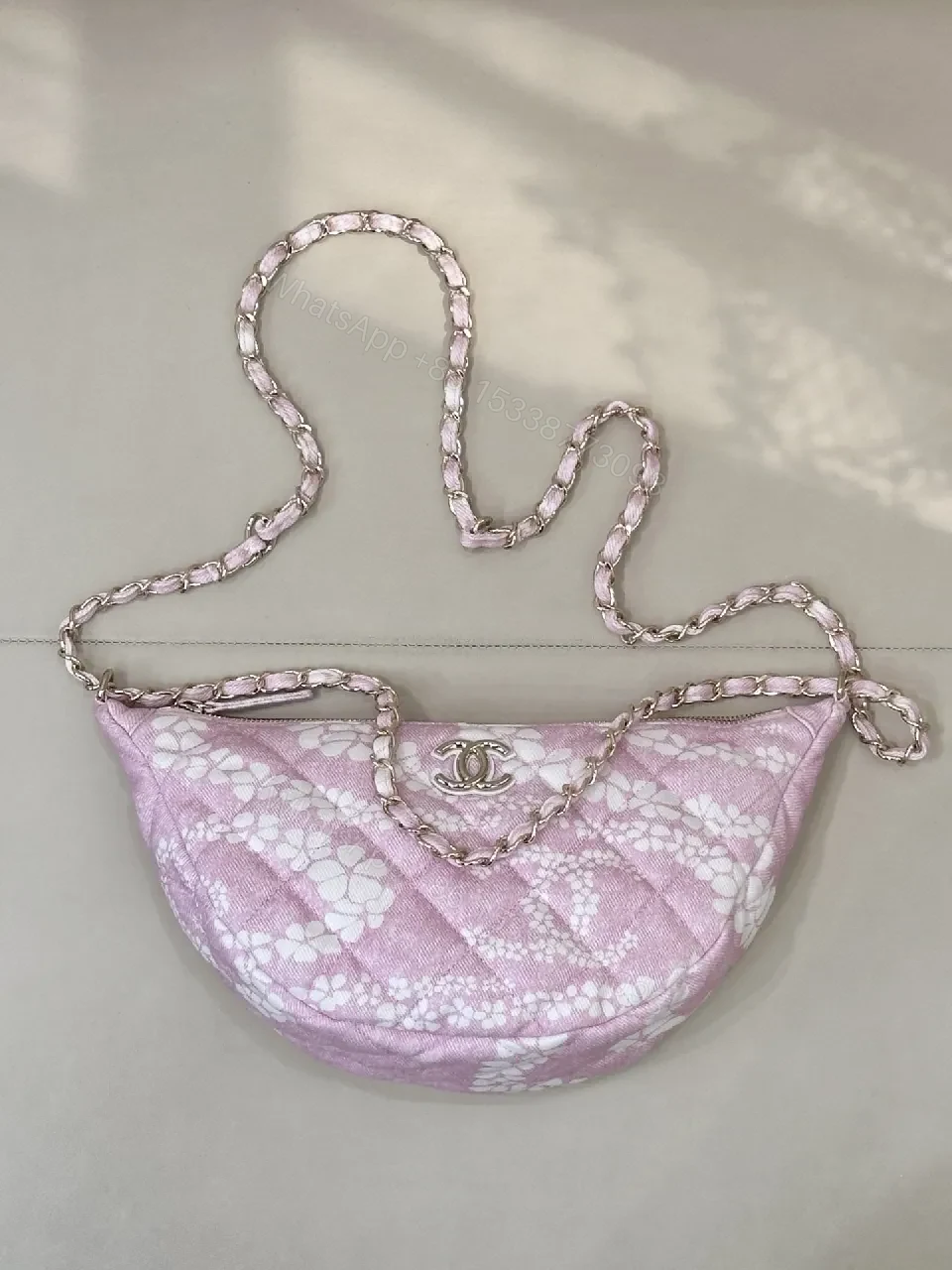 Pastel Pink Quilted Shoulder Bag with Chain — view 1