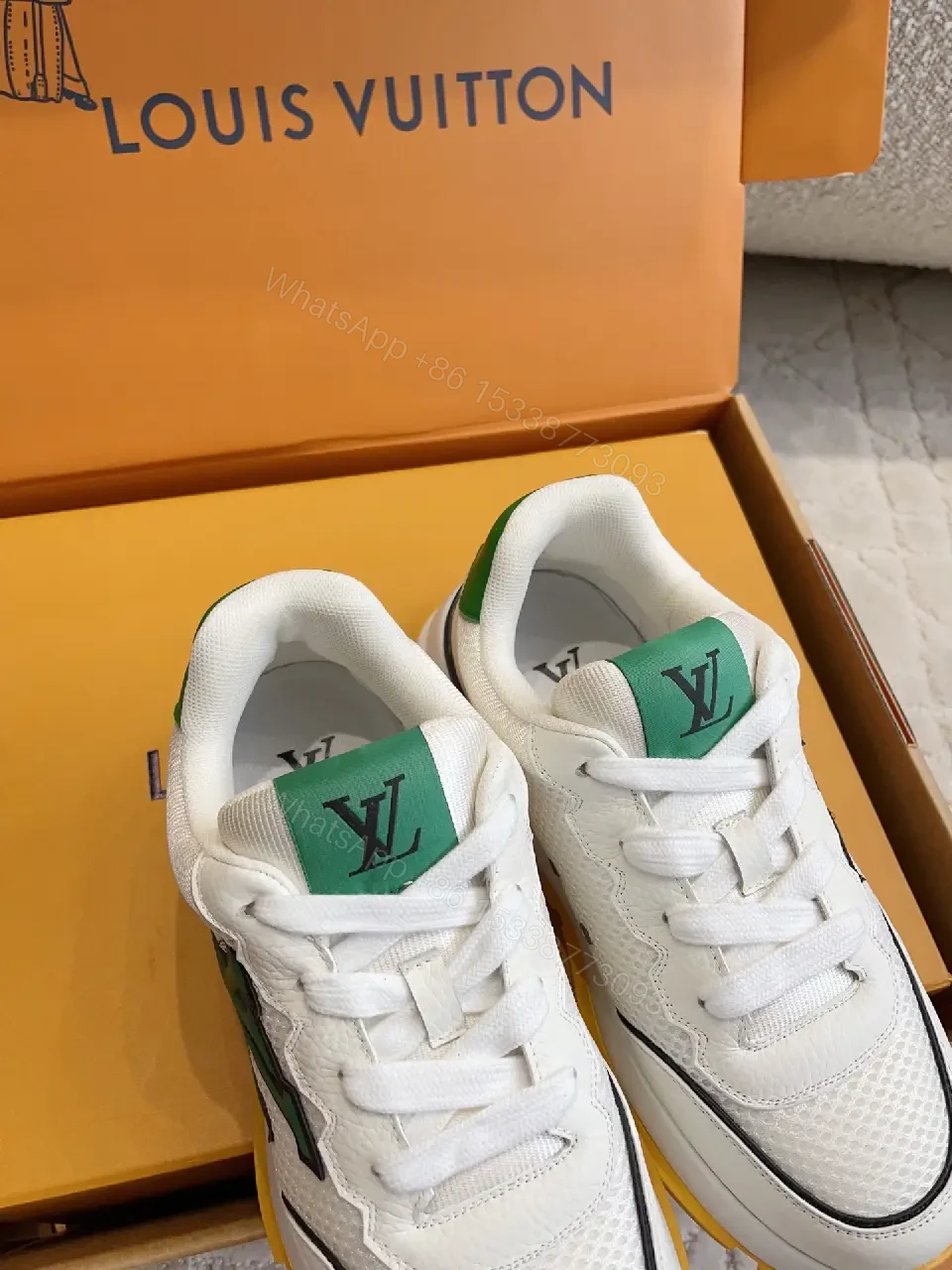 View 8 of Green Logo Knit White Leather Sneakers Lightweight Comfort Louis Vuitton Shoes