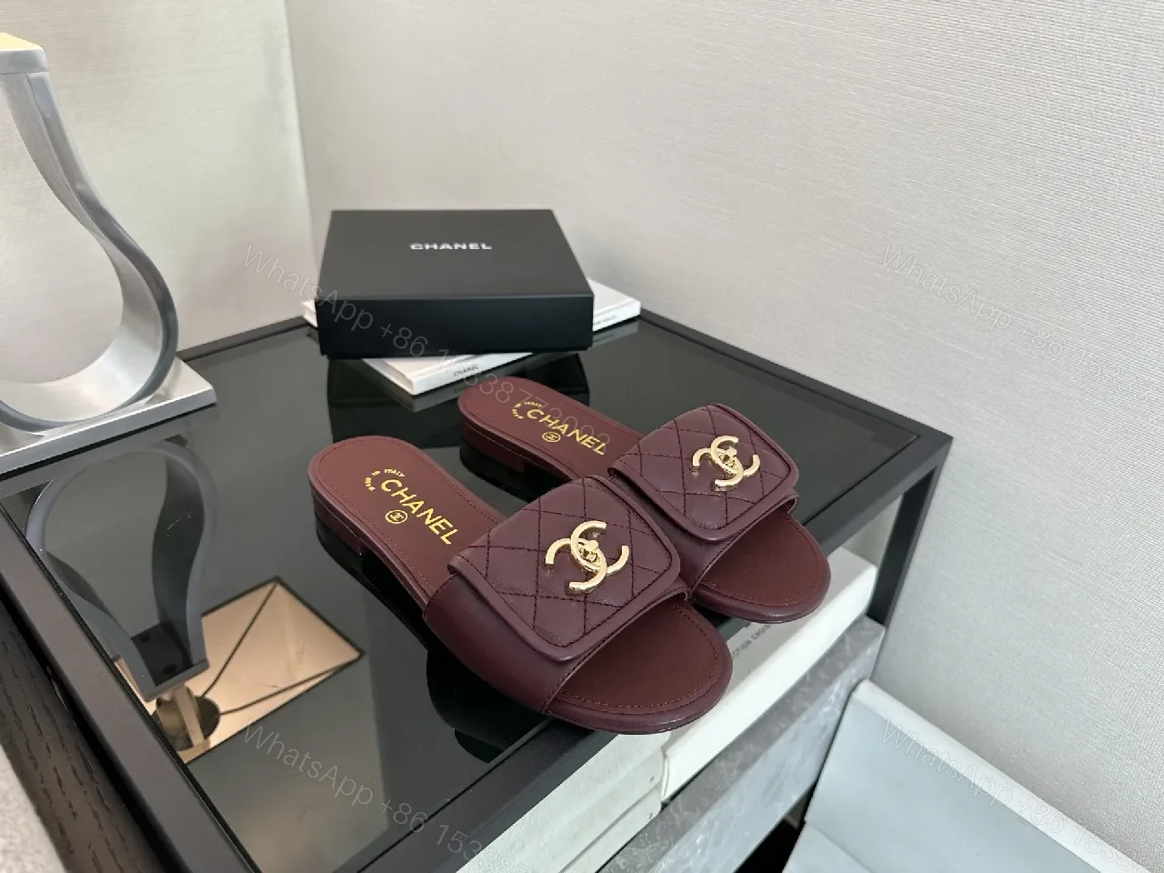View 8 of Rich Burgundy Quilted Slip-Ons with Gold Emblem