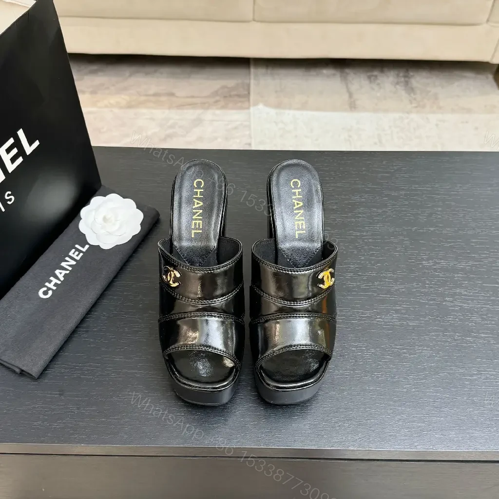 View 6 of Chic Platform Slides: Patent Leather, Gold Logo, Quilted