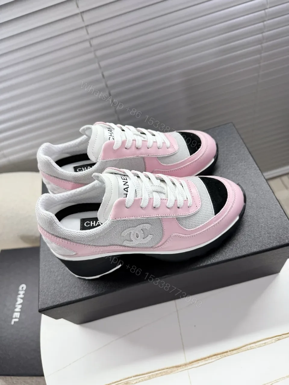 View 9 of Pastel Pink Suede-White Mesh Sneaker with Black-Toe Cap