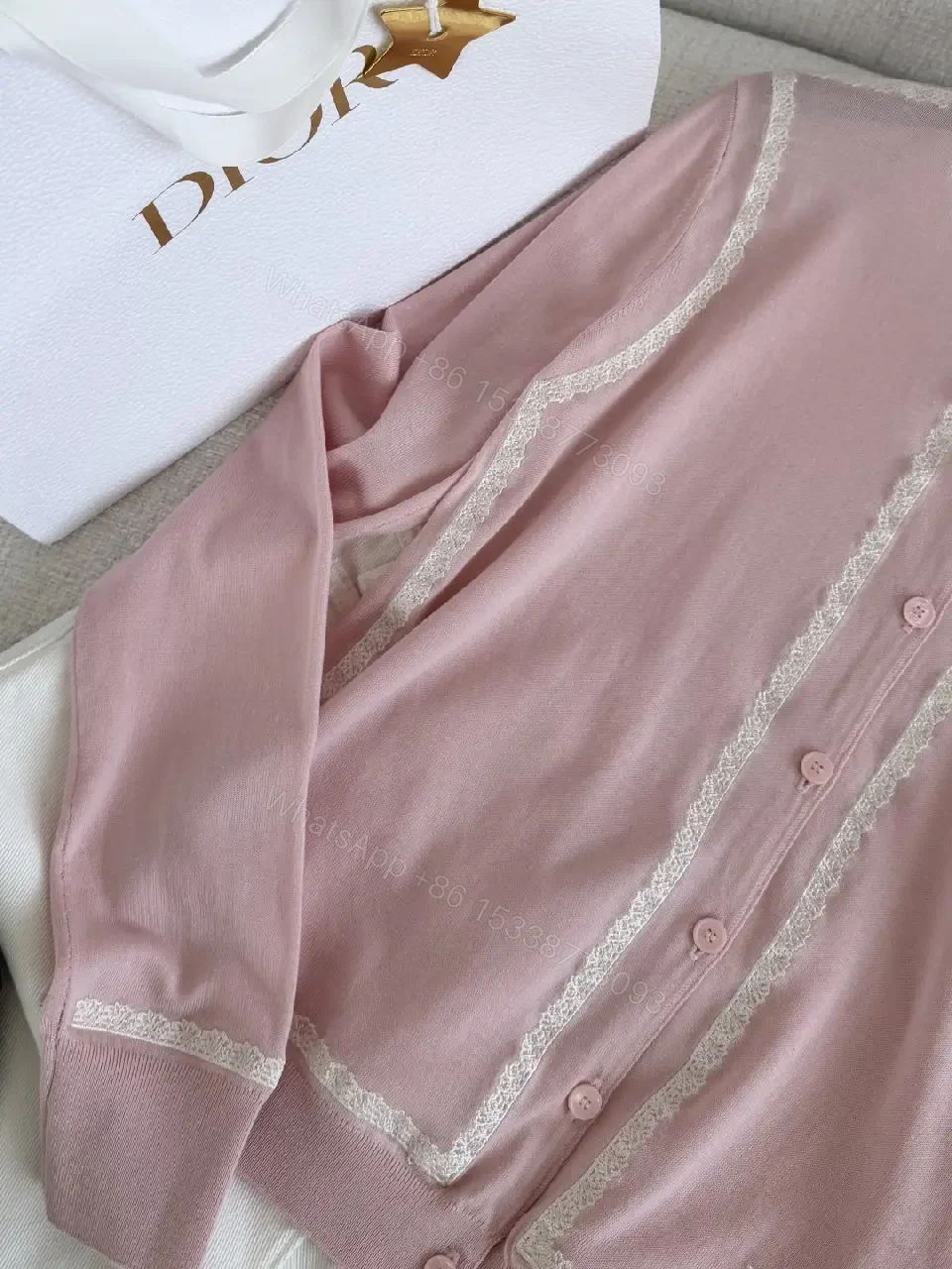 View 7 of Soft Pink Lace Trim Cardigan Knit with Embossed Eyelets (Dior-inspired)