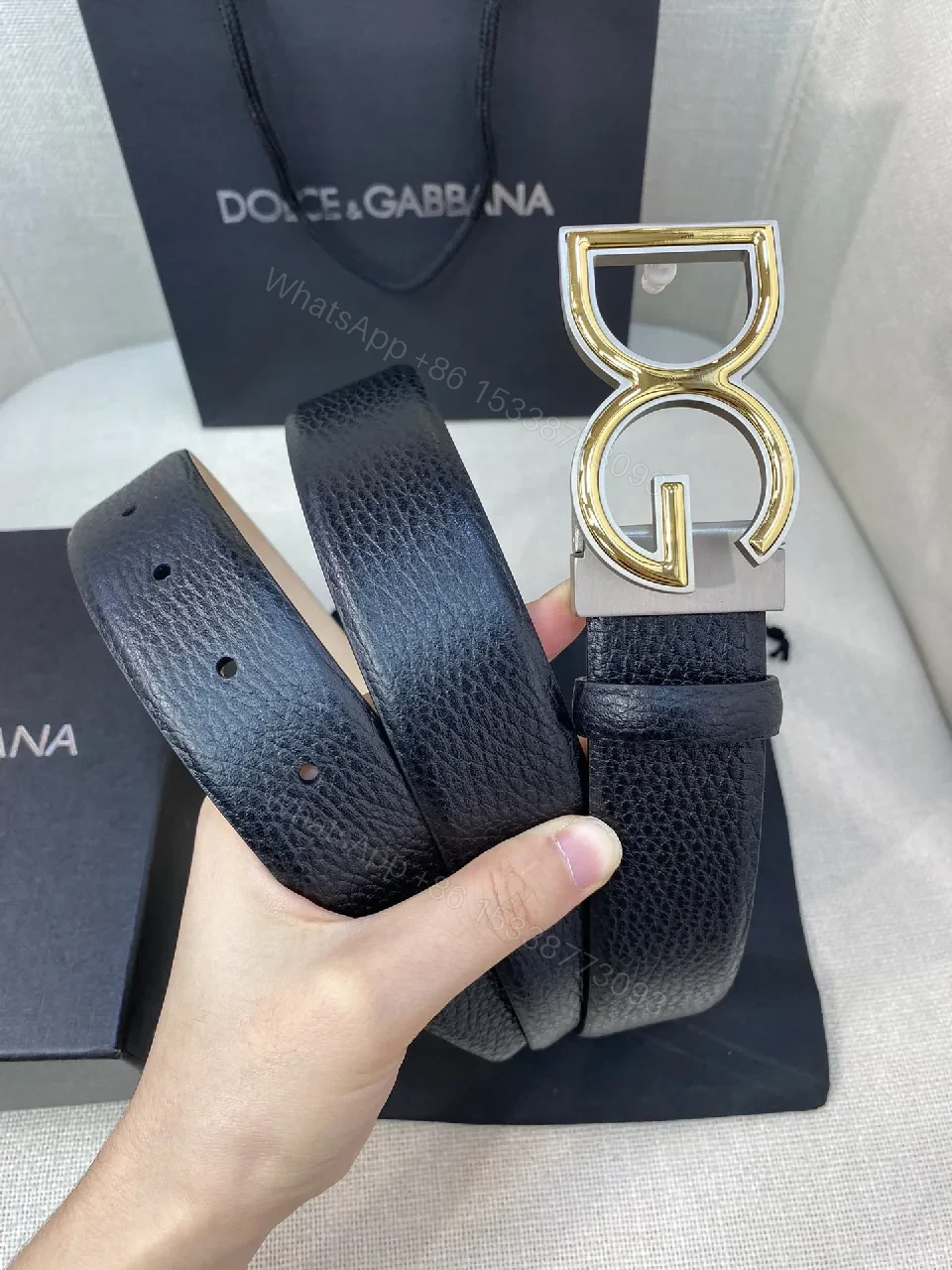 View 2 of Bold Leather Belt with Gold Buckle, Full-Grain Black Leather, Luxe Minimalism
