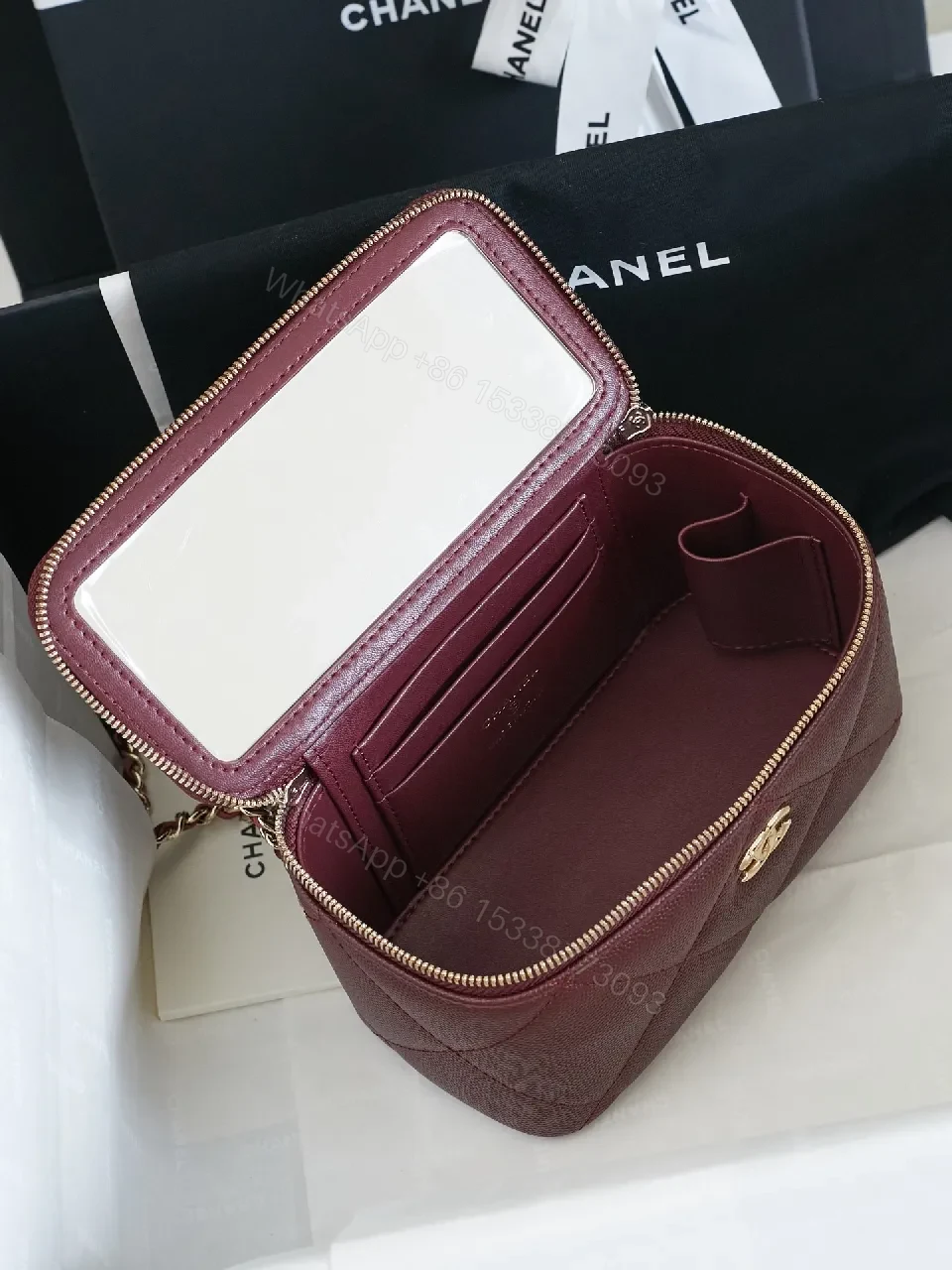 View 5 of Burgundy Quilted Crossbody Bag with Gold Hardware
