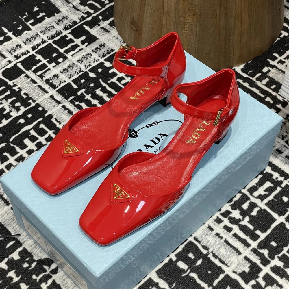 高仿Prada*1l325N方頭粗跟涼鞋3.5CM紅色免檢版 — view 1