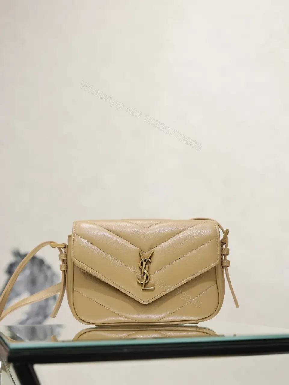 View 10 of Beige Leather Crossbody Bag Flap Chevron Stitching