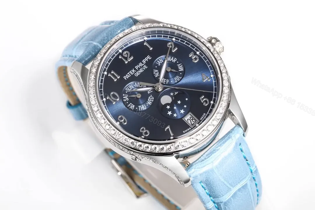 View 3 of Patek Philippe Complications Collection Annual Calendar Moon Phase Women’s Watch in Blue with Diamond Set Case 38mm Italian Leather Strap