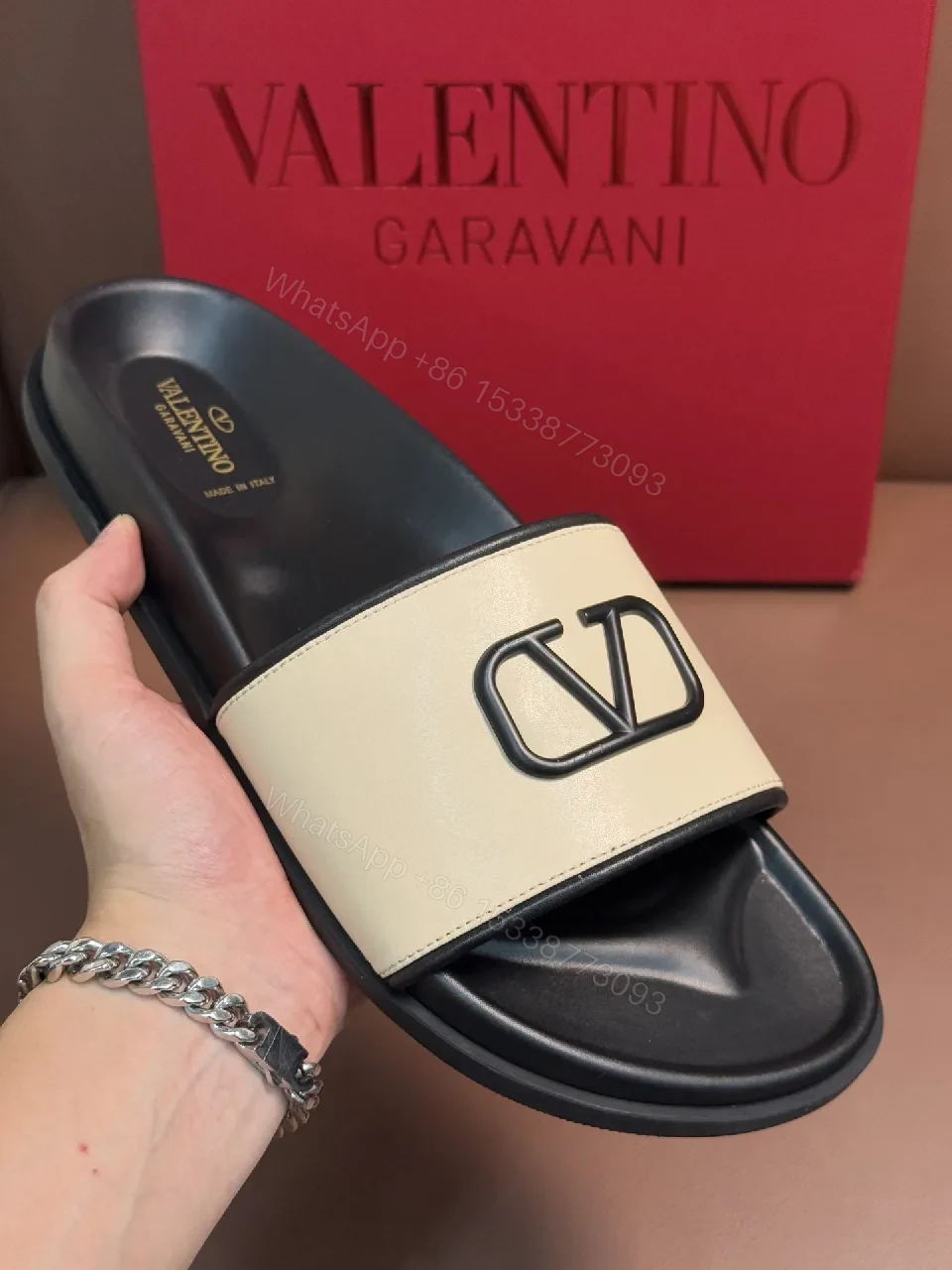 View 6 of Beige PU Slide Sandals with Logo Hardware and Arch Support