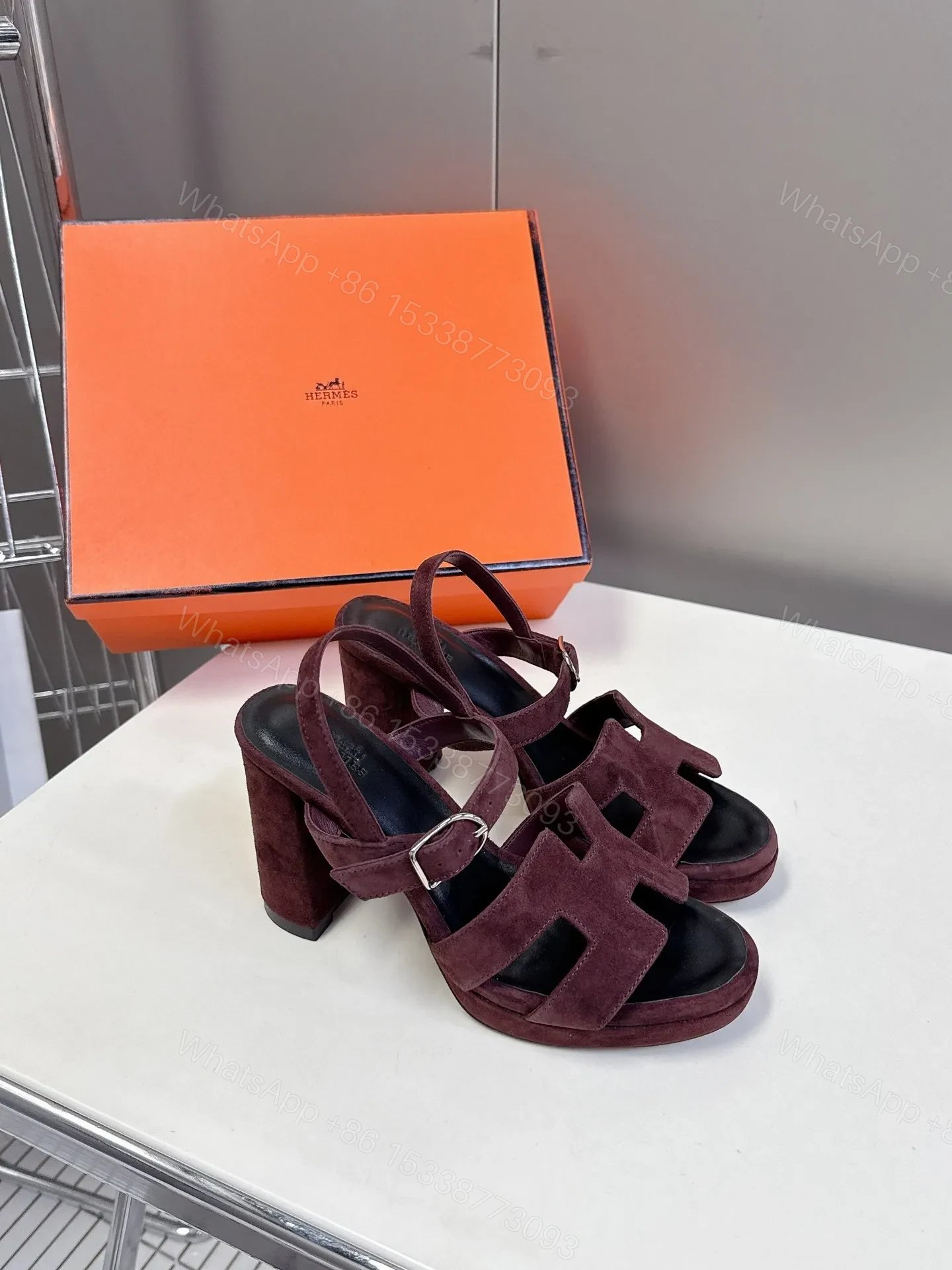 View 3 of Hermes Women Burgundy Suede Heels