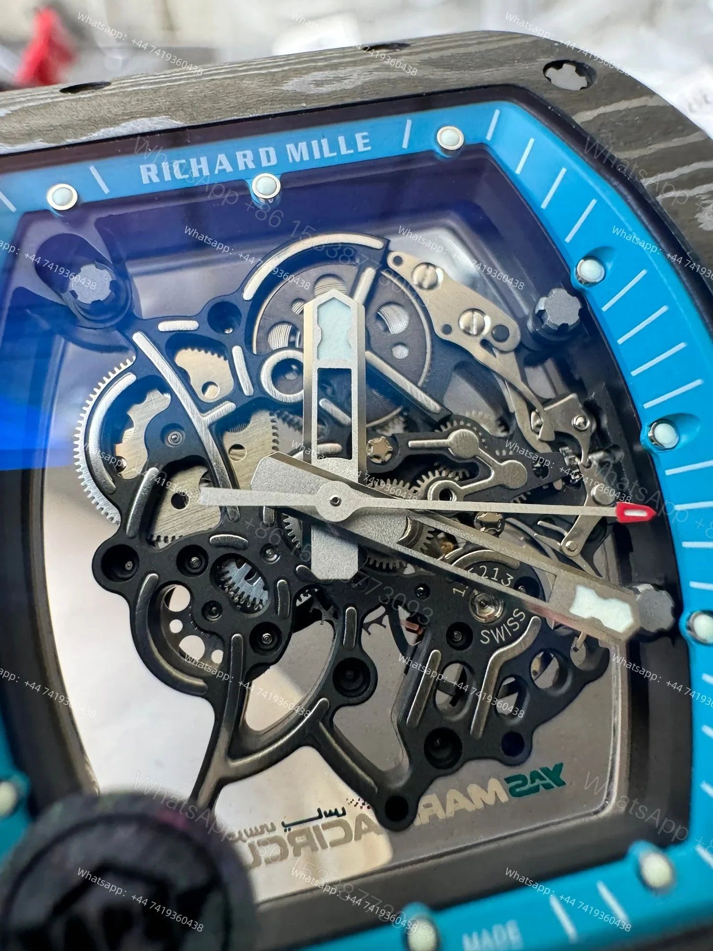 View 13 of Super Clone Richard Mille RM 055 Carbon TPT Blue Inner Bezel White Rubber Strap 1:1 Replica Watch