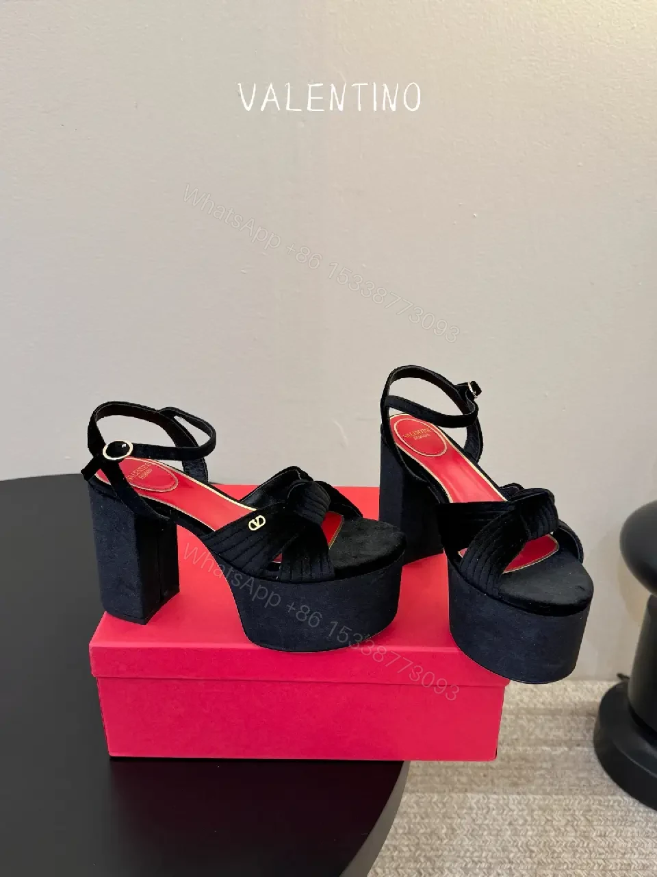 View 7 of Black Suede Platform Sandals Valentino Style Platform Heel Designer Shoe