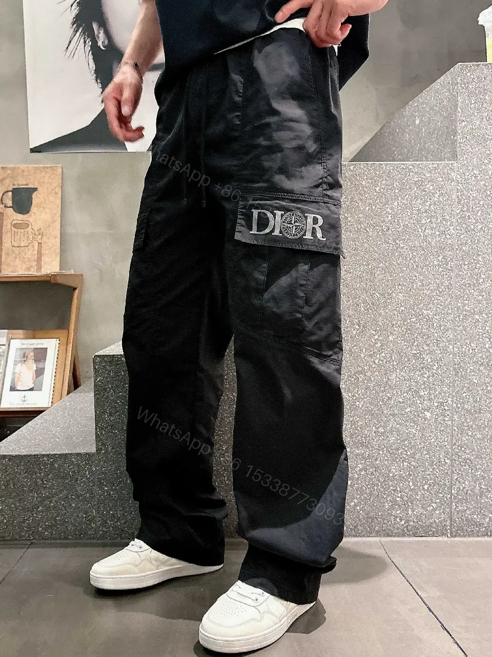 View 4 of Black Cargo Pants - Tactical, Smooth Fabric, Dior Logo Pocket, Relaxed Fit
