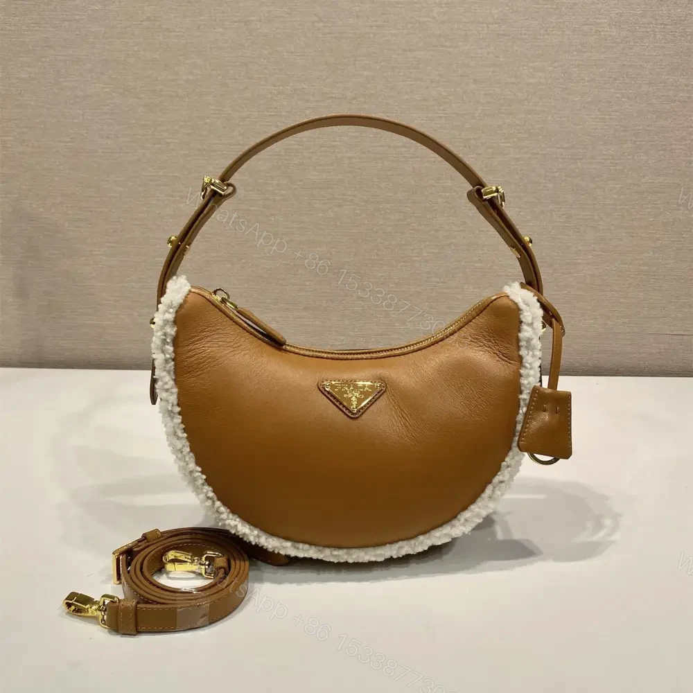 高仿Prada*Moon系列1BC194小羊皮羊毛半月包干邑色免檢版 — view 1