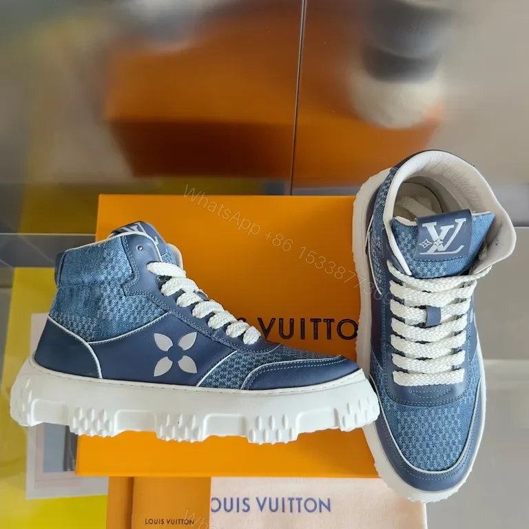 View 2 of Denim Luxe High-Top Sneakers: Subtle LV-Inspired Detailing