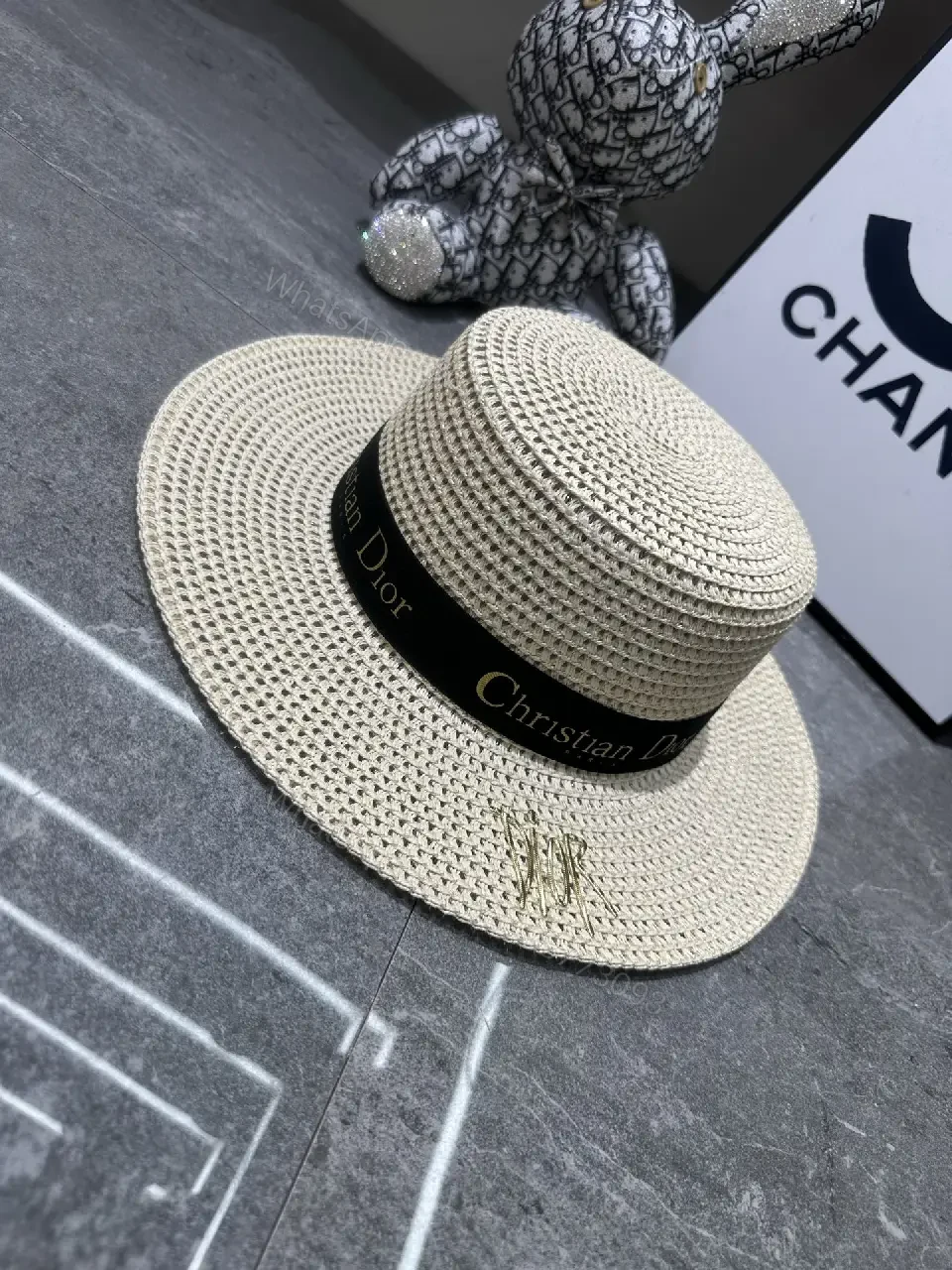 View 6 of Beige Straw Wide-Brim Hat with Dior Band (Emblem)