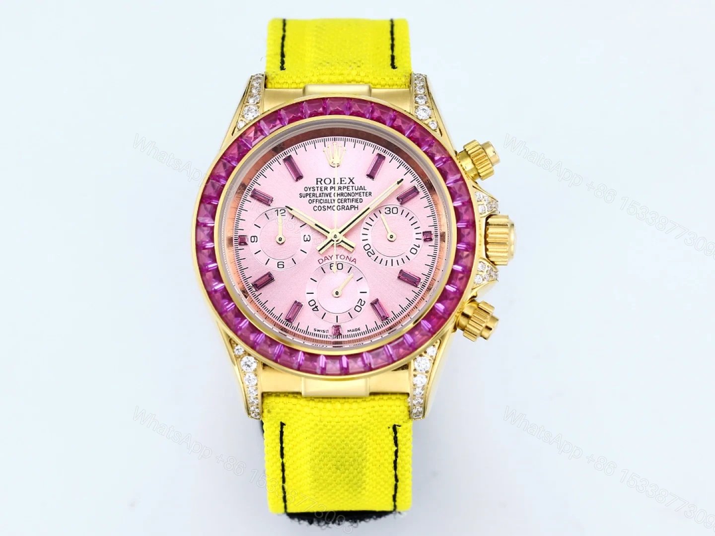 Rolex Daytona Pink Ruby Yellow Strap Replica 43MM Exclusive Gold Case Edition RG-ROLEX-DAYTONA-PINK-RUBY-YELLOW-43 — view 1