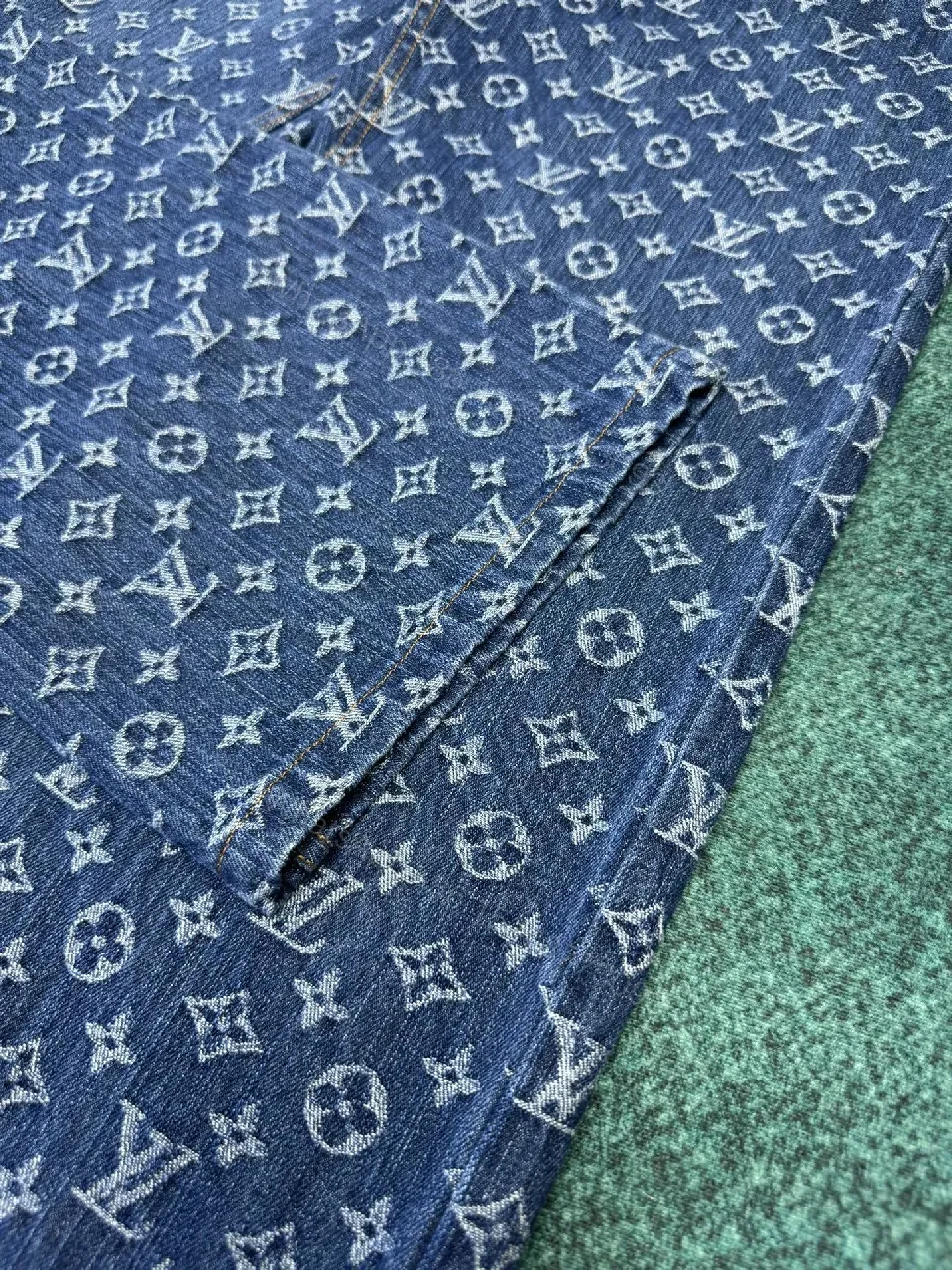 View 5 of Denim Monogram Wide-Leg Jeans — Signature Pattern, Luxe Casual