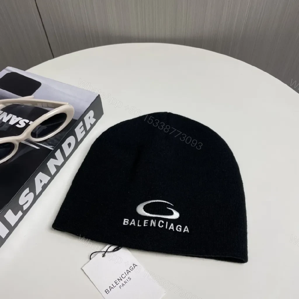 View 2 of Black Knit Balenciaga Beanie with Subtle Logo Detail
