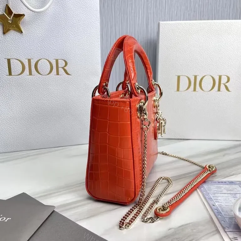 View 3 of Croc-Embossed Dior Bag: Chic Red, Gold Accents, Top Handle