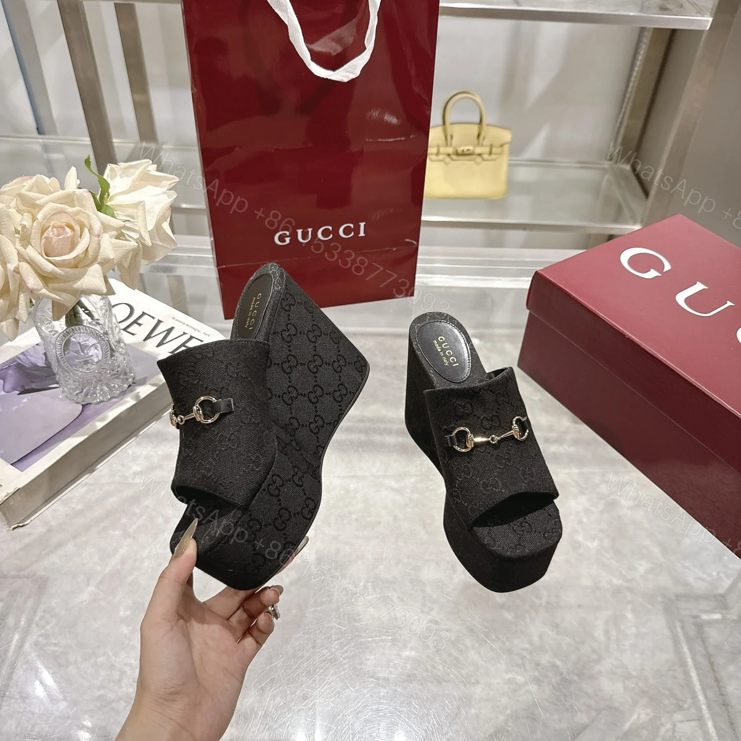 View 5 of GUCCI WOMEN’S WEDGE SANDAL WITH HORSEBIT BLACK 816328 FAB10 1000