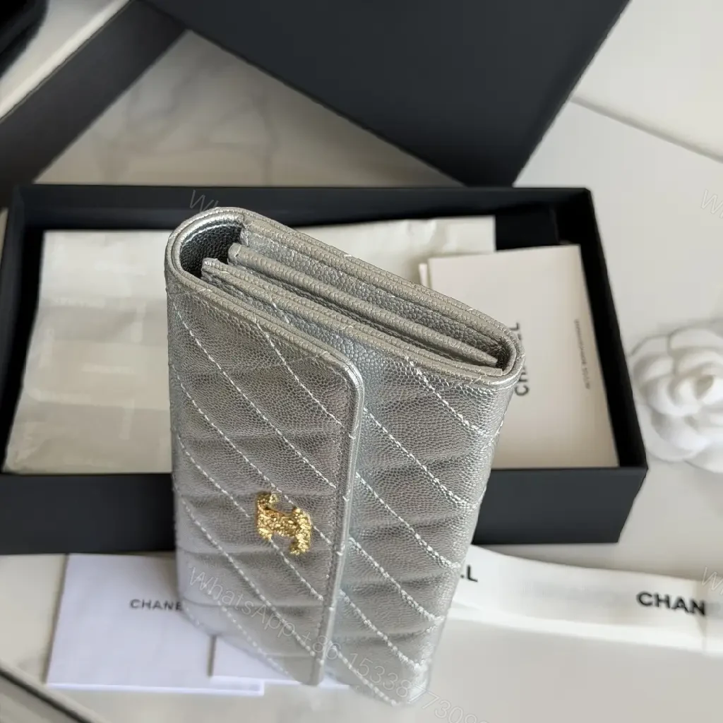 View 6 of Silver Metal Leather Quilted Wallet with CC Flap Closure