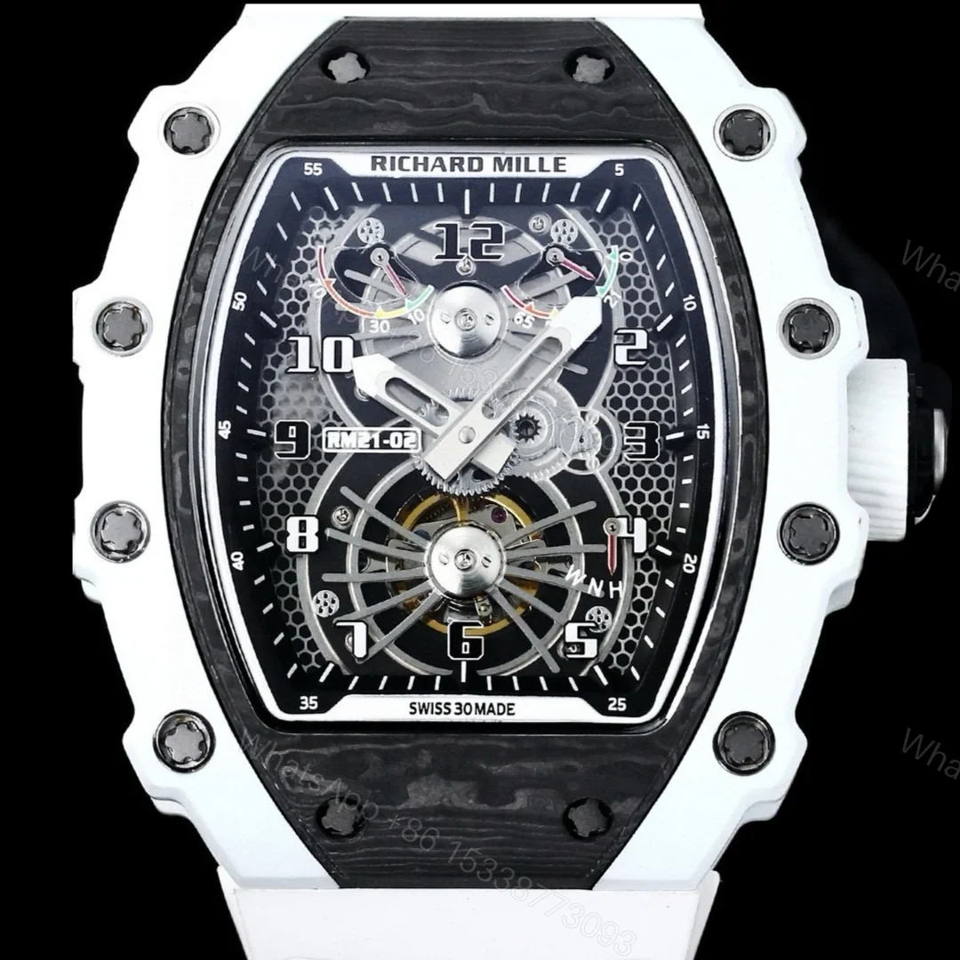 View 3 of Richard Mille RM21-01 Automatic Skeleton Watch 40MM Black Carbon Fiber Case White Bezel White Strap Premium Edition RM-RM21-01-BLK-CARBON-WHT-40