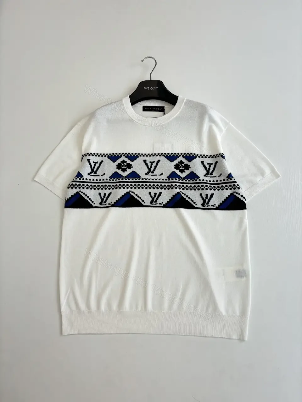 View 10 of White Linen-Blend? Crew-Neck Tee Bold LV-Geometric Chest Band T-Shirt