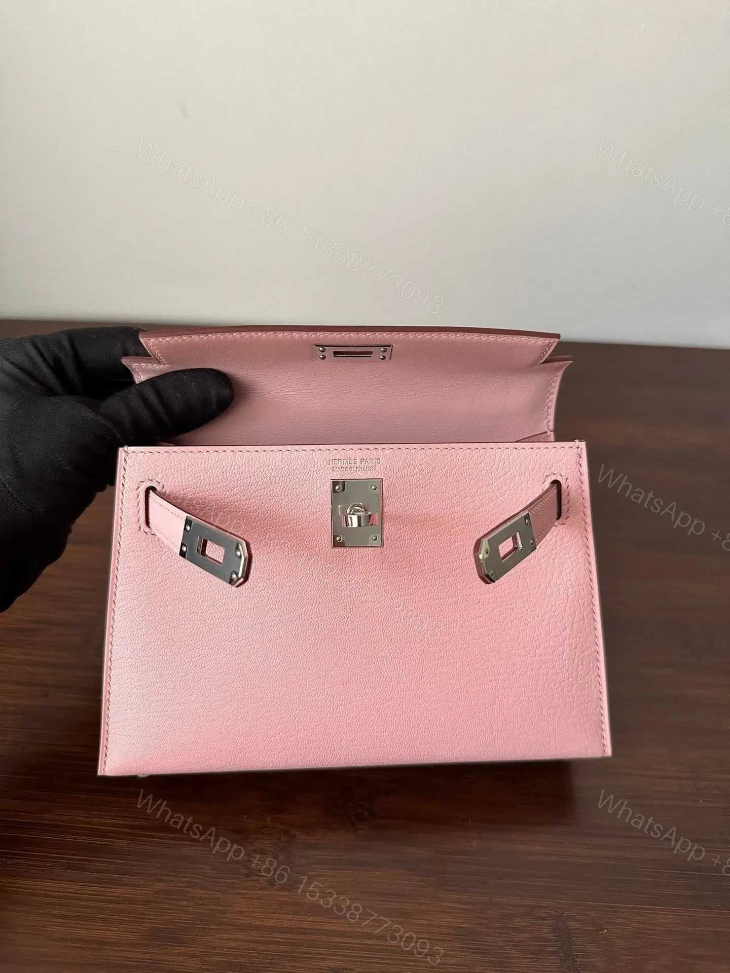View 4 of HN Mini Kelly 20 bag in Rose Sakura leather with silver hardware