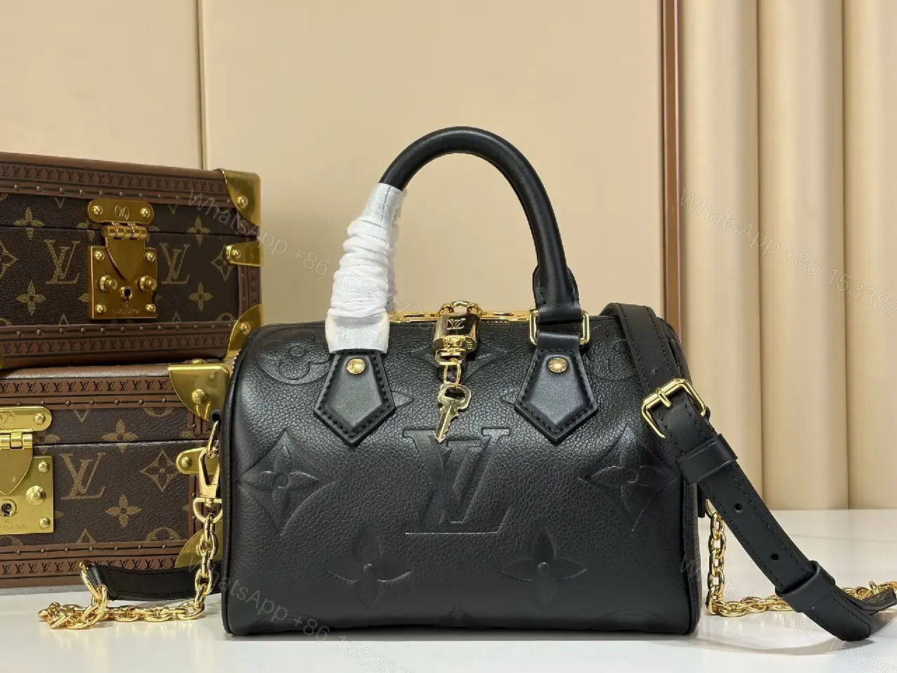 View 9 of Black Pebbled Leather Dome Handbag with Gold Details
