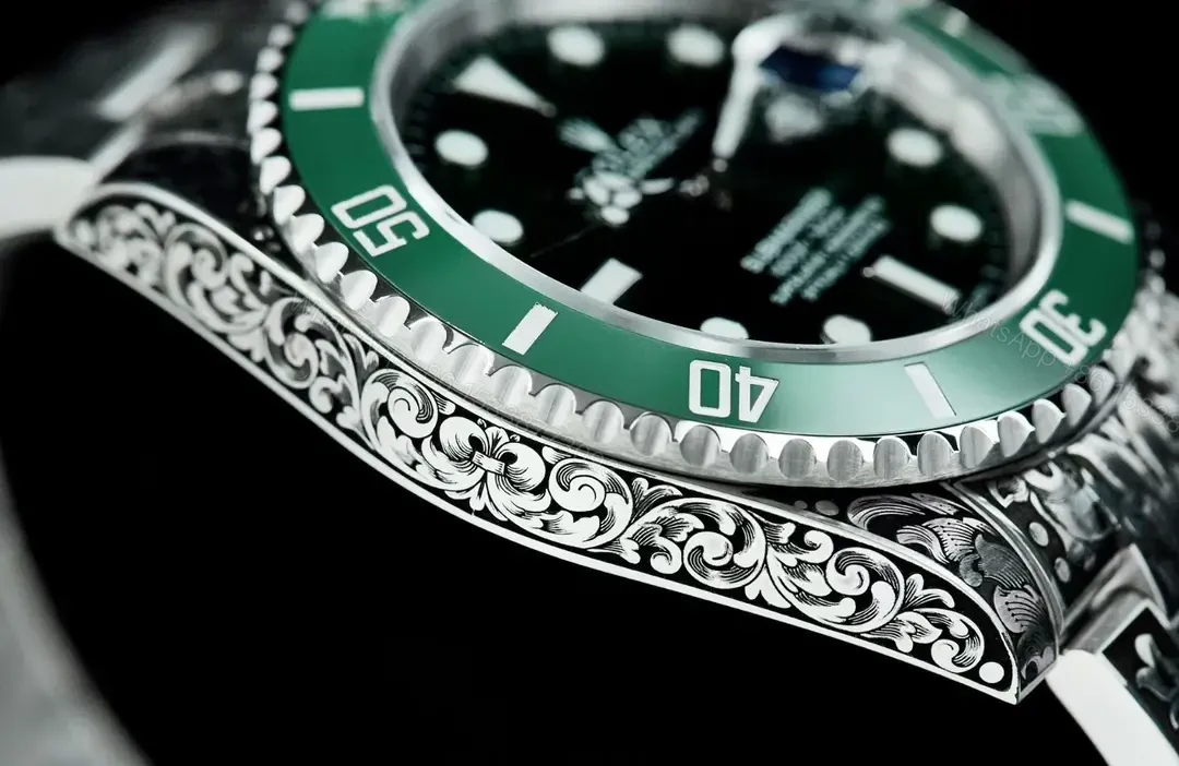 View 3 of Best Rolex Submariner Hand-Carved Green replica 40MM Engraved Steel Bracelet Edition RG-SUB-HANDCARVED-GREEN-BRACELET-40
