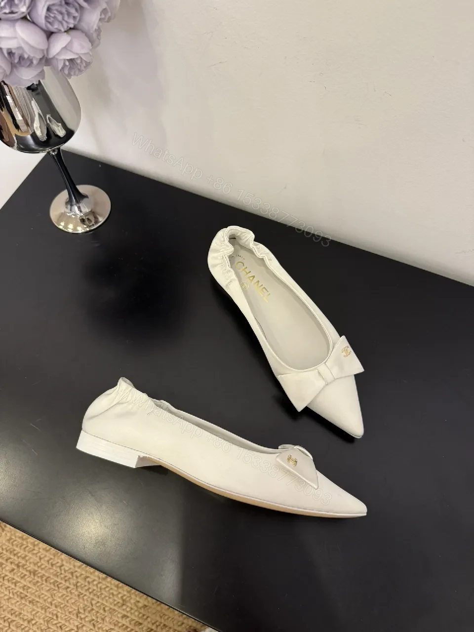 White Textured Pointed-Toe Pumps with Bow, Luxury Flat — view 1