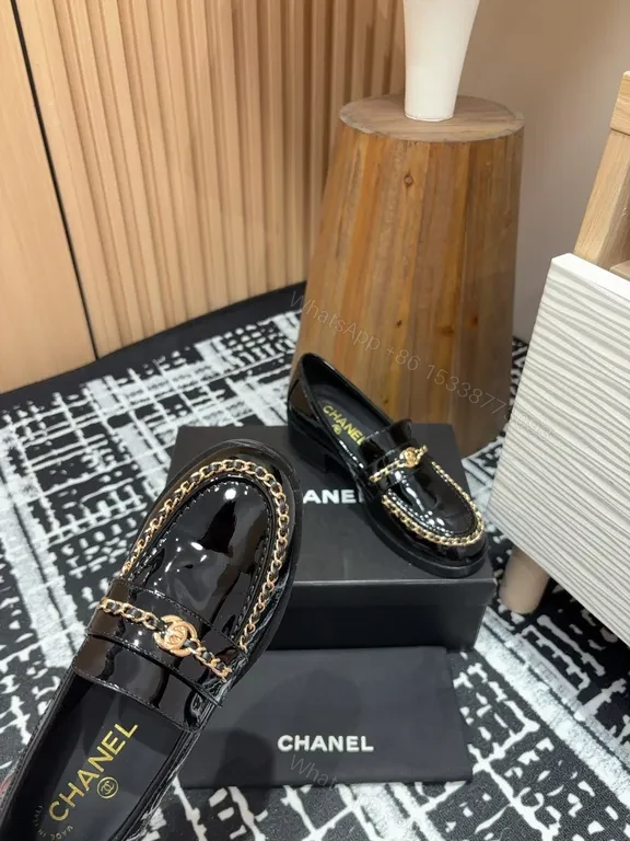 View 4 of Lux Black Patent Loafers with Gold Chain Detailing