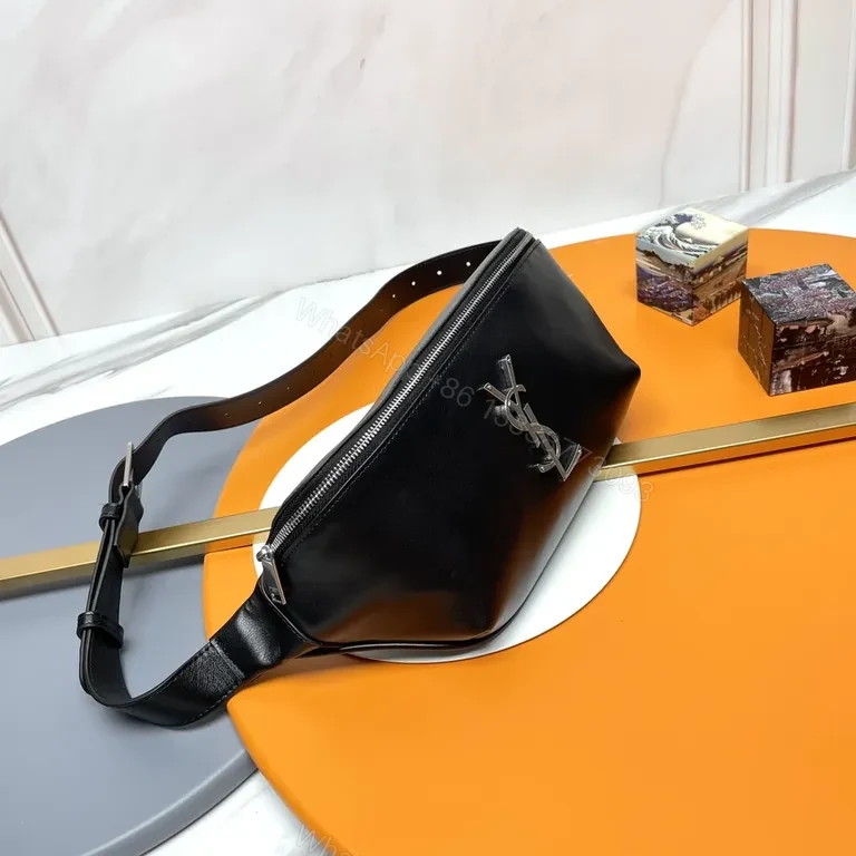 View 9 of Black Leather Belt Bag with YSL Logo - Luxe, Versatile, Compact