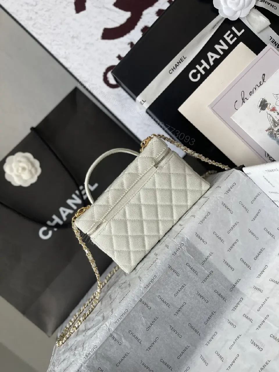 View 12 of Quilted Ivory Mini Bag in Luxe Chevron, Gold Hardware