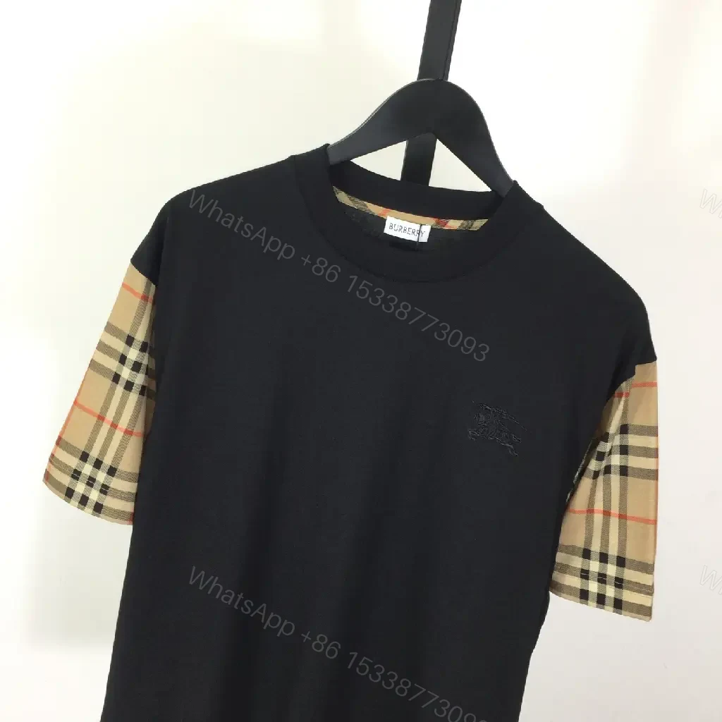 View 7 of Black Black Tee with Plaid Sleeves – Modern Minimalist Upgrade