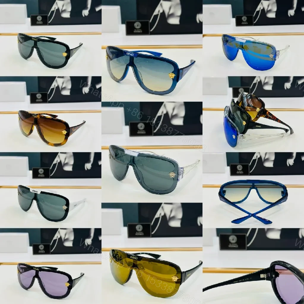 View 7 of Black Gloss Shield Sunglasses with Gold Emblems, Oversized Style