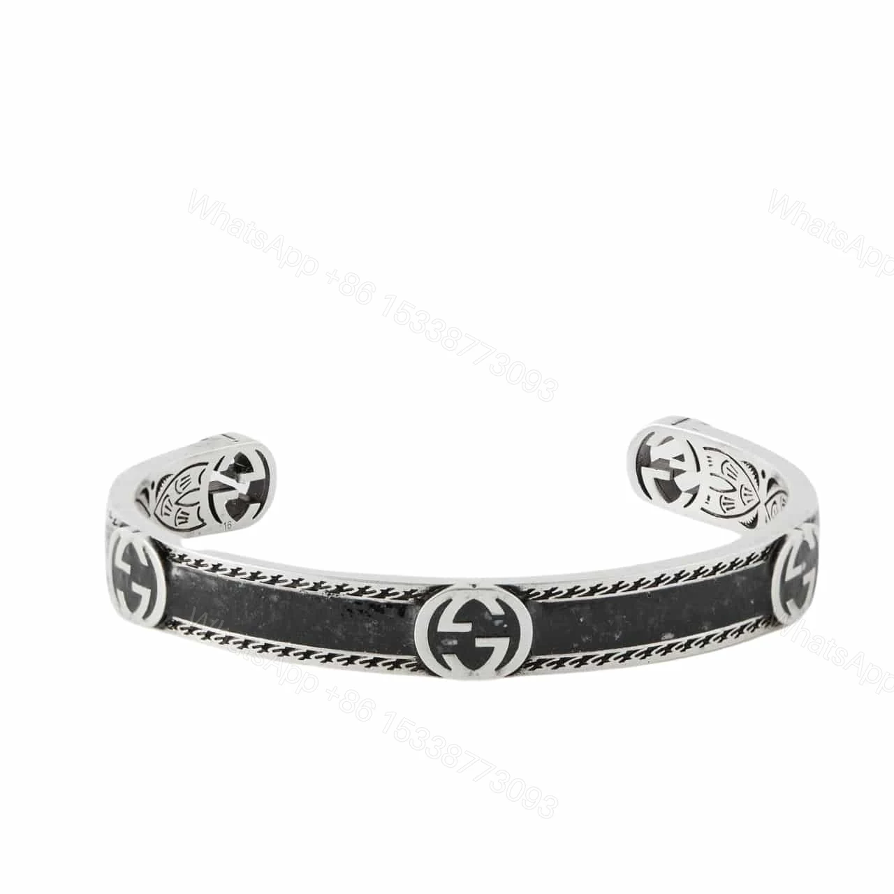 GUCCI CUFF BRACELET INTERLOCKING GG STERLING SILVER BLACK ENAMEL — view 1