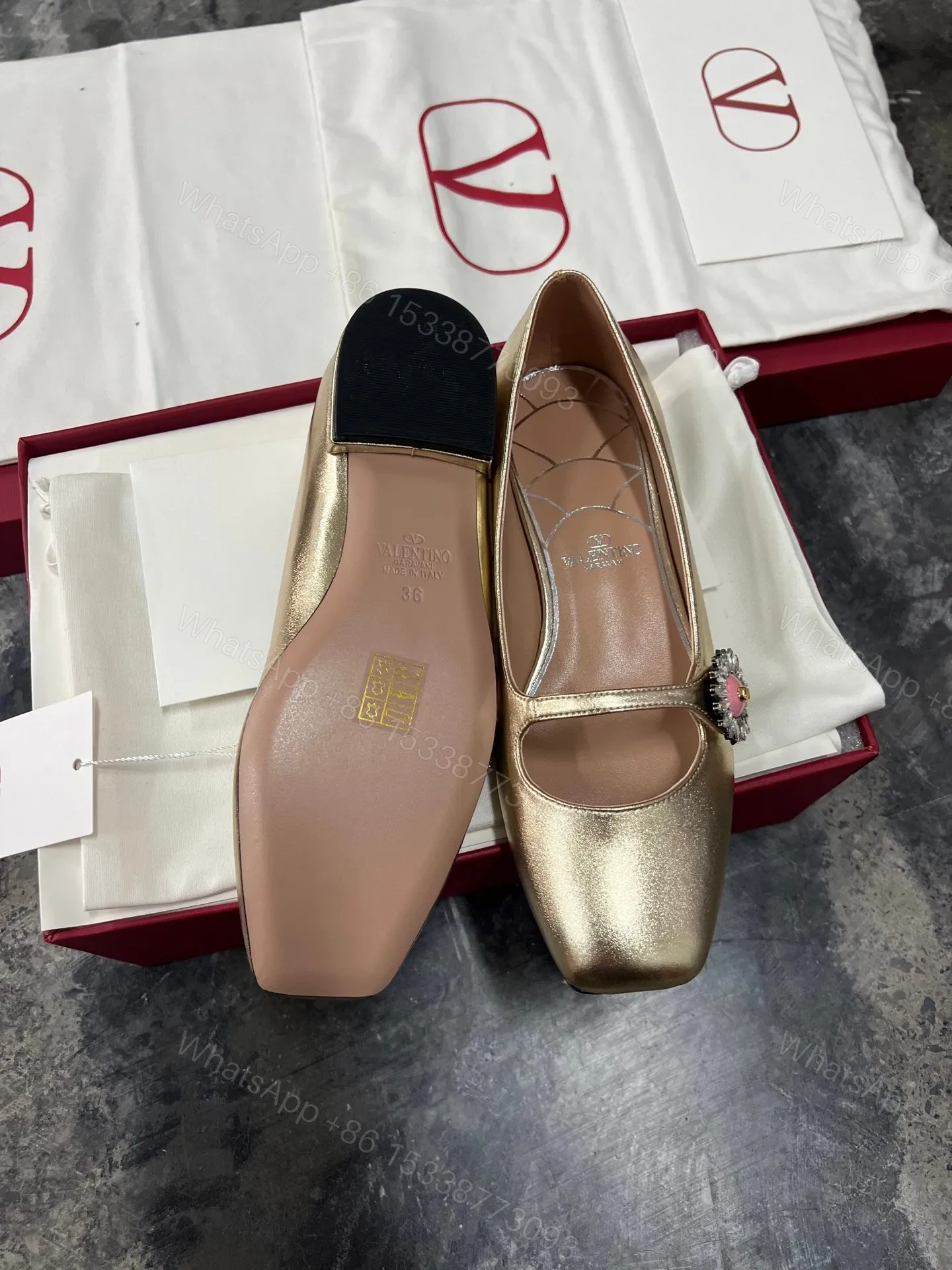 View 2 of Valentino Women Gold Leather Embellished Flats