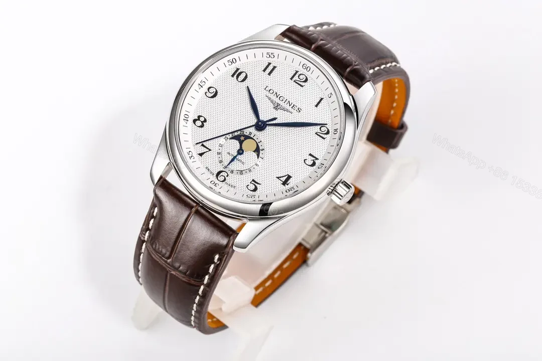 View 6 of Longines Master Collection Moon Phase 40mm Watch Silver Dial Blue Hands Brown Leather Strap
