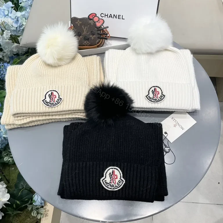 View 6 of Cozy Luxe Knit Set: White Beanie & Scarf with Moncler Patch
