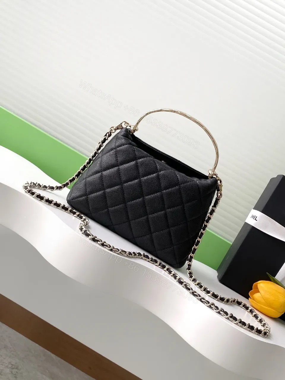 View 5 of Quilted Black PU Bag with Gold Hardware, Crossbody Style