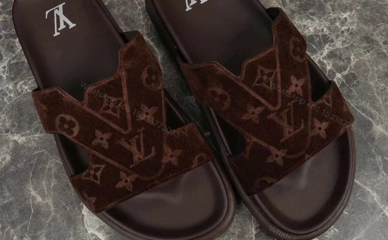 View 2 of Brown Monogram Sandals | Suede Straps | Casual Luxury Slides